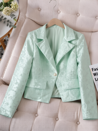 Woman's Jacquard Waist-Cinched Blazer : Pearl Button Elegant Commute Blazer