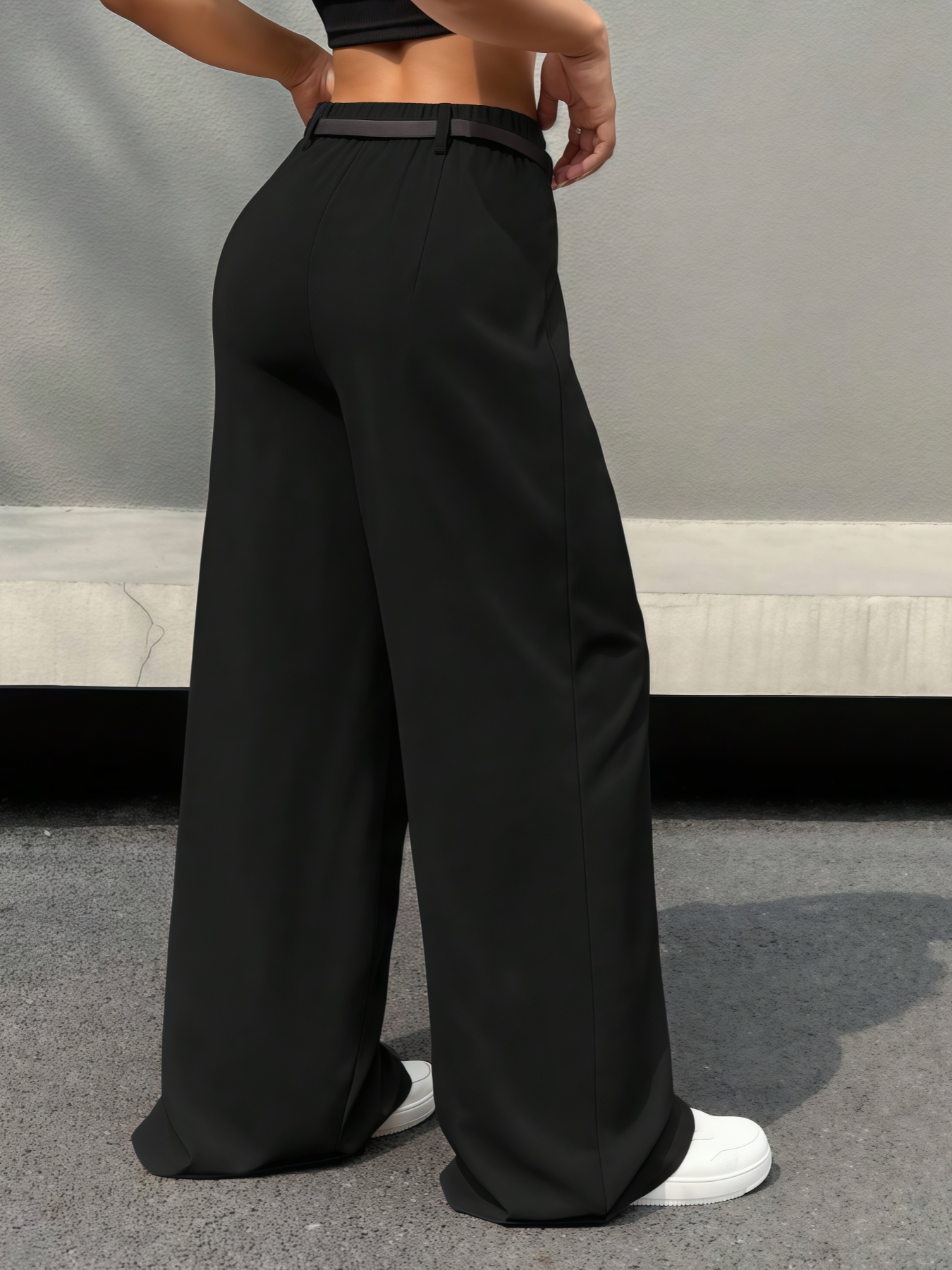 Woman's  Office Casual Style Black High-Waisted Wide-Leg Suit Pants -Aegean-sea