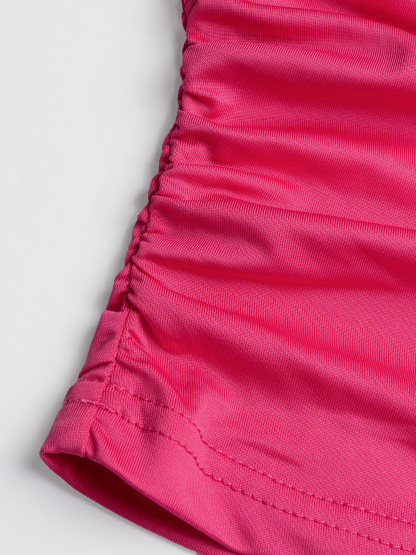 Women's Pink Turtleneck Long Sleeve Ruched Crop Top-Aegean-sea