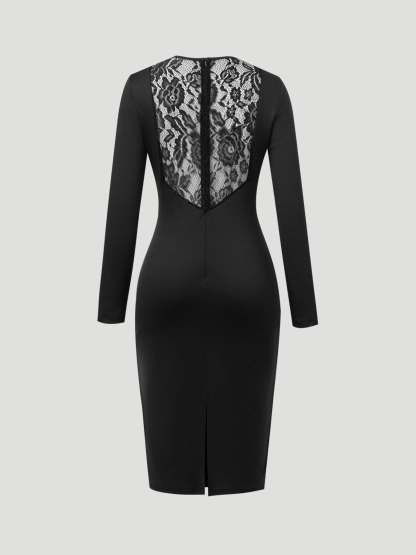 Black lace back-baring, long-sleeved, hip-to-hip dress, workplace party-style body-fitting mid-length skirt