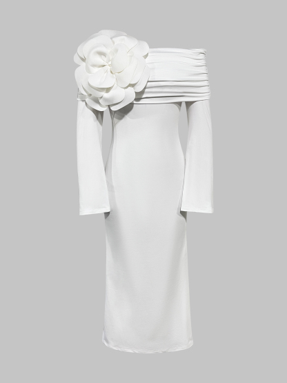 Women's White Off-The-Shoulder Long Sleeve Maxi Dress with Floral Applique-Aegean-sea