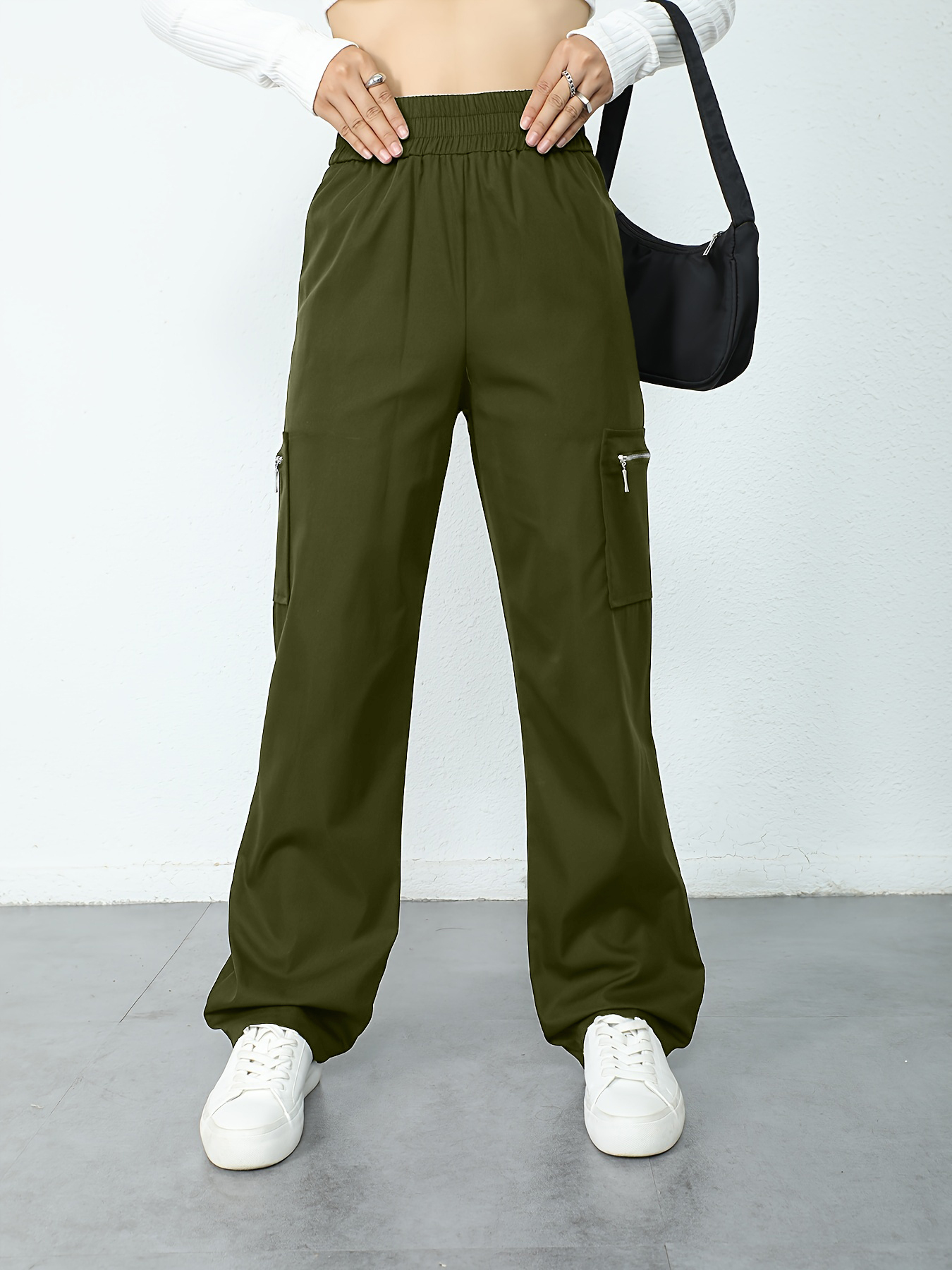 Woman's High Waist Elasticated Cargo Pants with Zipper Pockets-Aegean-sea