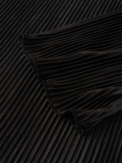 Woman's Long Sleeve Maxi Dress with Bell Sleeves, Vertical Pleats and Side Slit-Aegean-sea