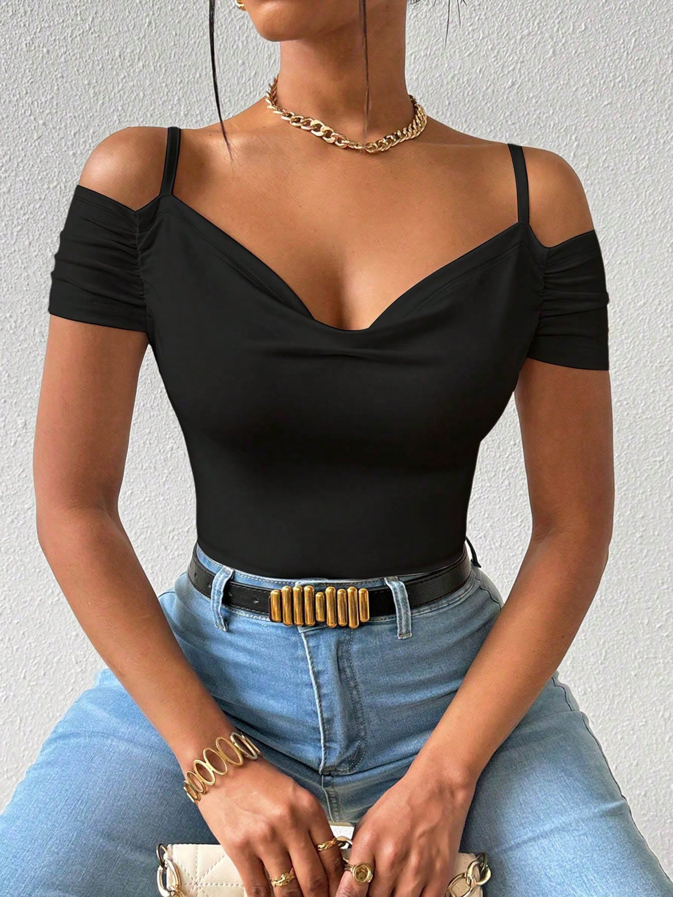 Woman's Off-Shoulder Spaghetti Strap Ruched Short Sleeve Bodysuit-Aegean-sea