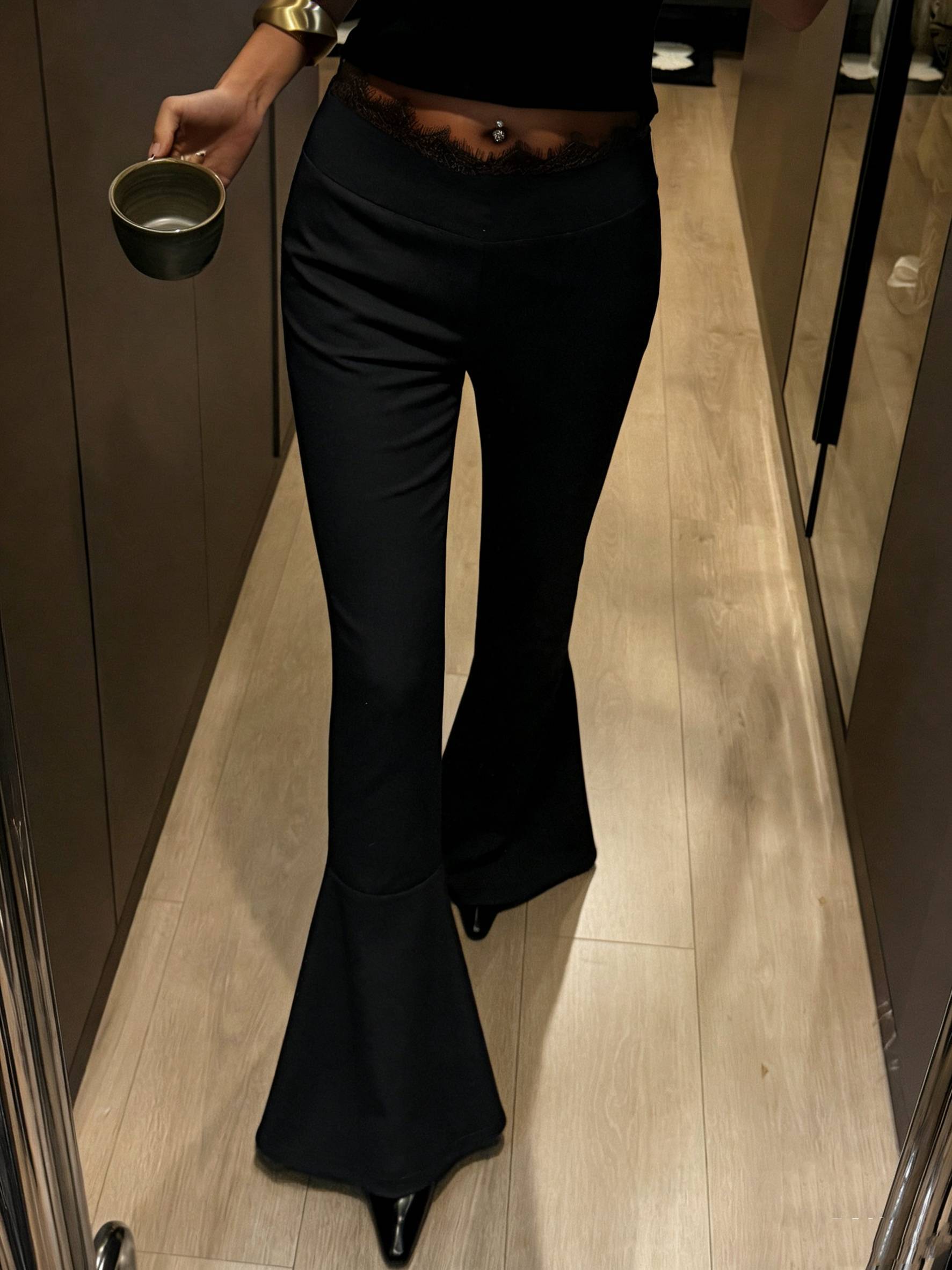 Black lace bell-bottomed pants, hot girl style high-waisted skinny flared pants