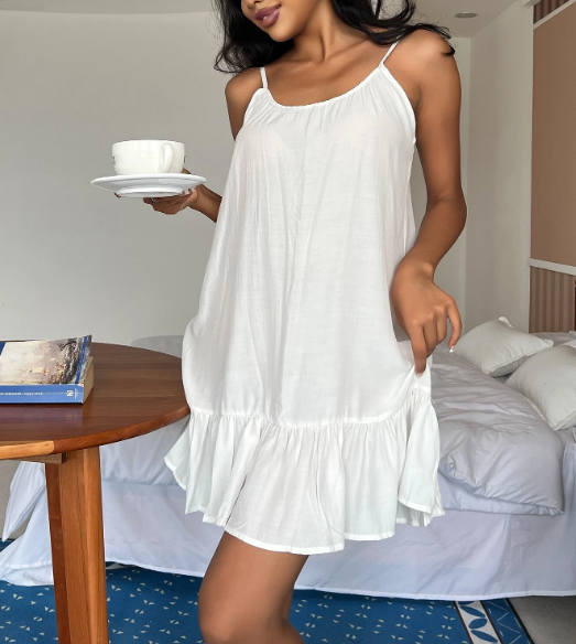 Women's White Spaghetti Strap Ruffle Hem Nightdress-Aegean-sea
