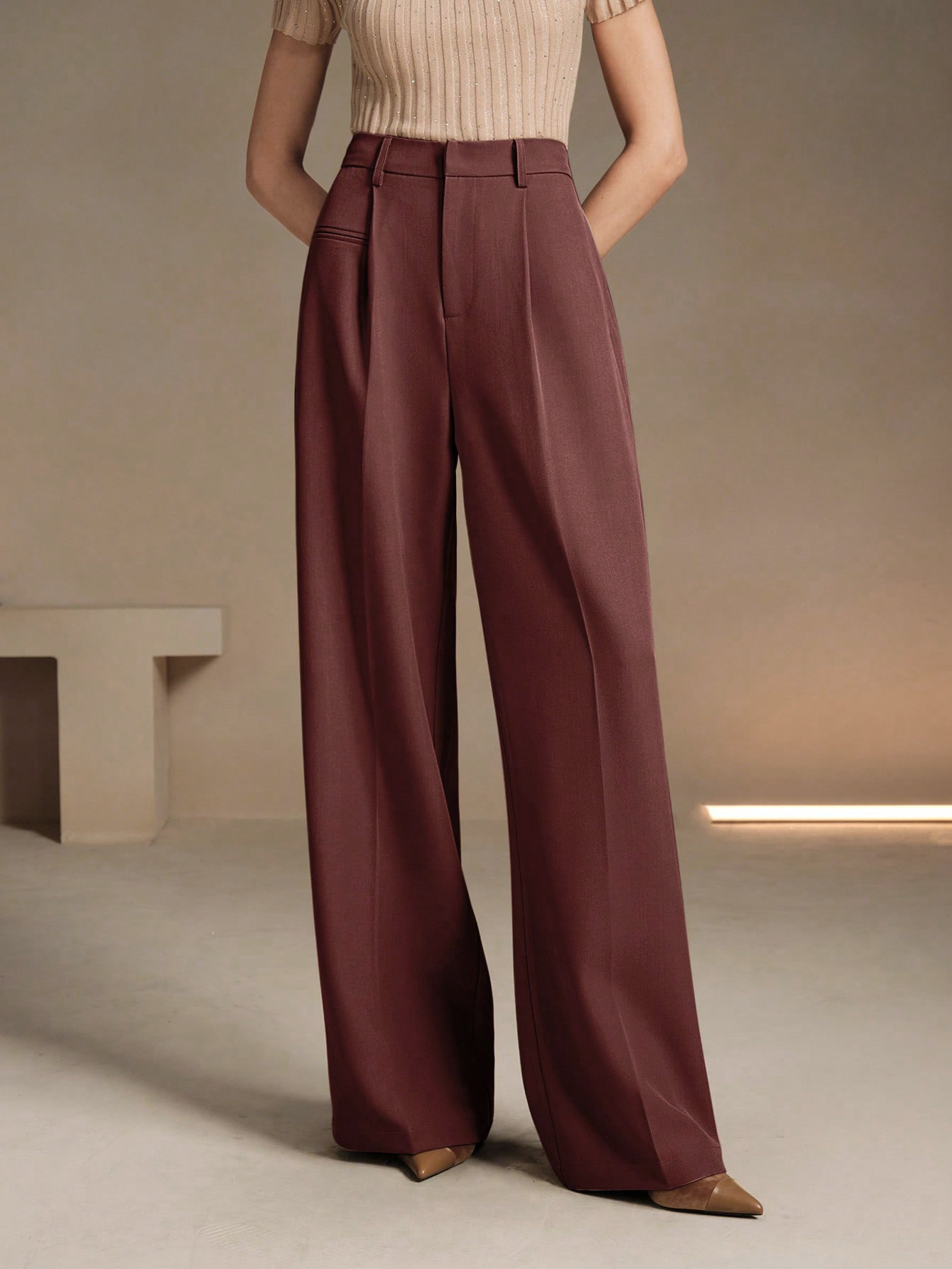 Dark brown-red high-waisted wide-legged pants Drop-down pleated loose pants Work-to-work casual suit pants