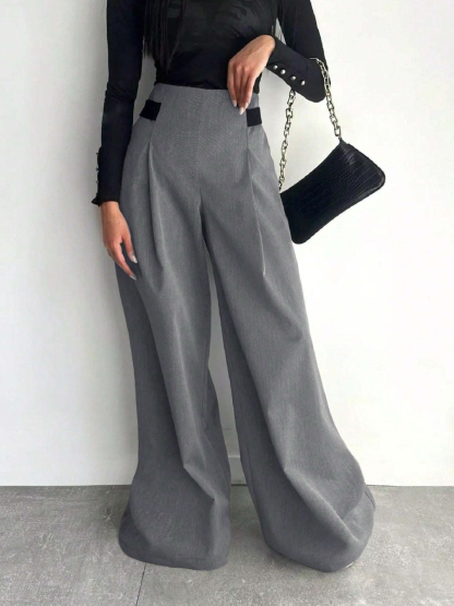 Woman's Gray Wide-Leg Pants with Black Sash Detail-Aegean-sea