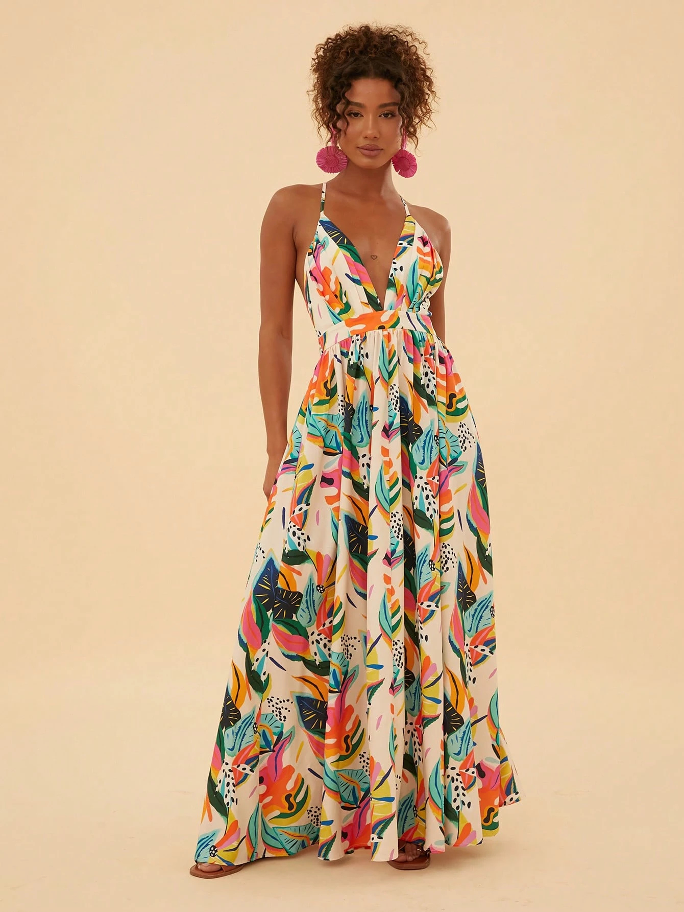 Tropical Plant Print Halter V-Neck Maxi Dress, Vacation Style Dress
