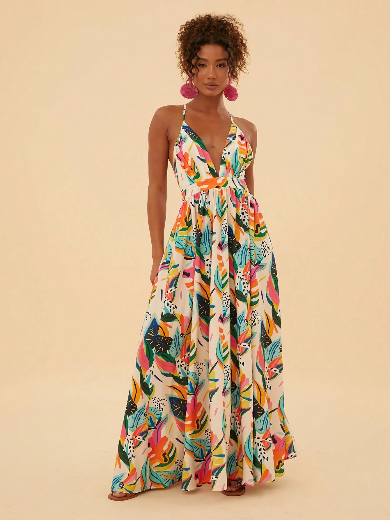 Tropical Plant Print Halter V-Neck Maxi Dress, Vacation Style Dress