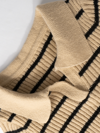 Polo de mujer a rayas beige y negro Camiseta de manga larga de punto ribeteado-Aegean-sea