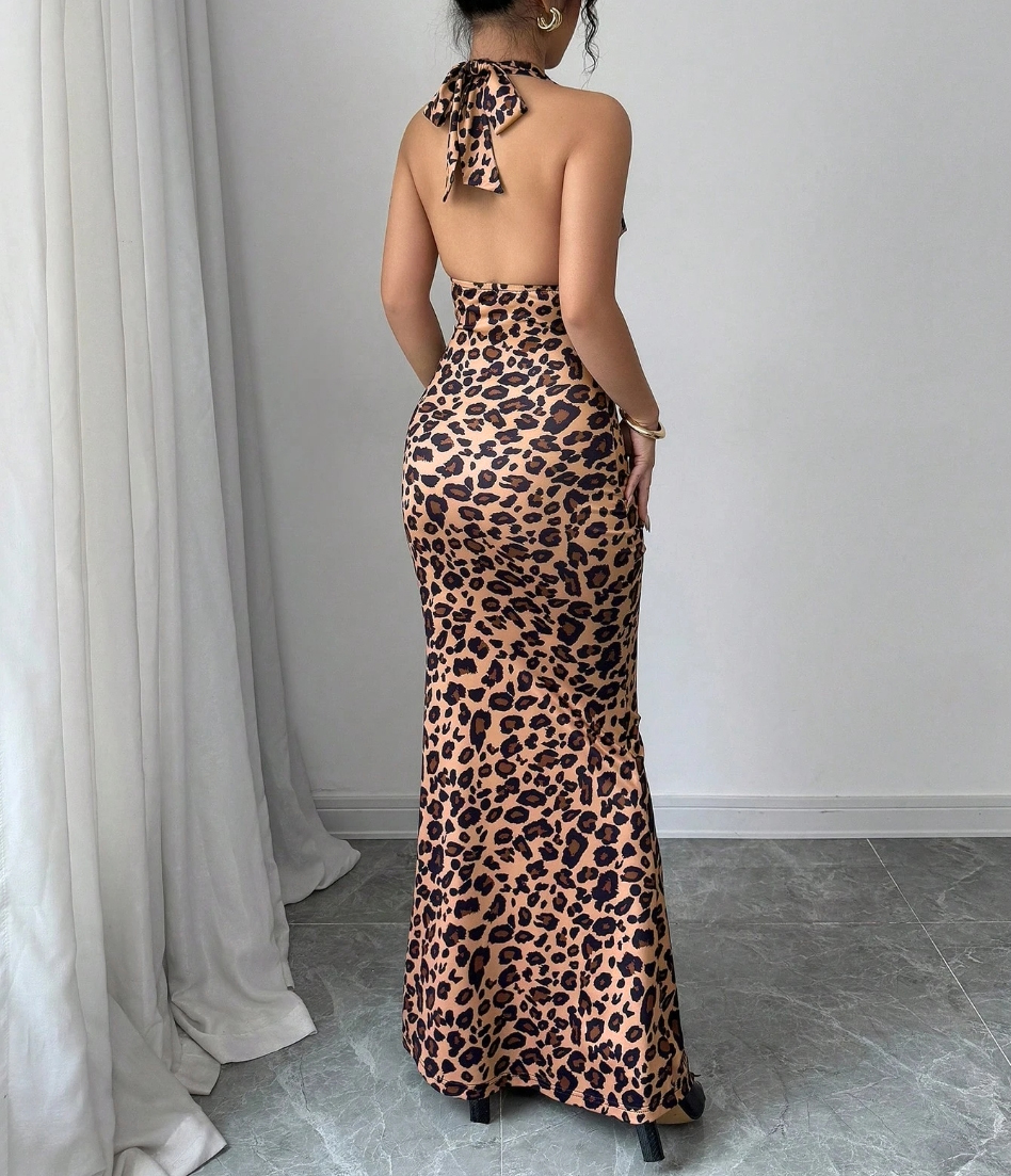 Vestido Maxi de sirena sin espalda con tirantes de estampado de leopardo salvaje vintage para mujer-Aegean-sea