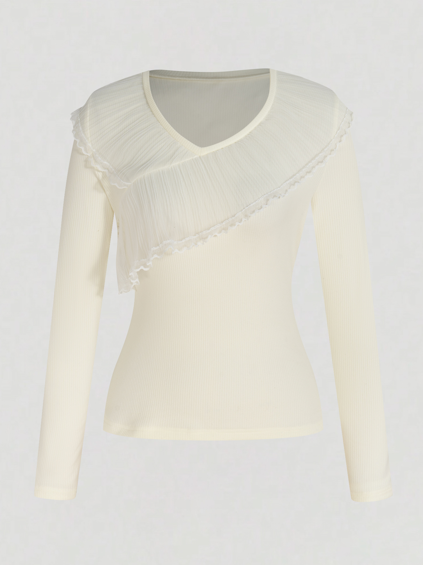 Women's Cream V-Neck Long Sleeve Top with Asymmetric Ruffle Lace Trim and Ribbed Detail