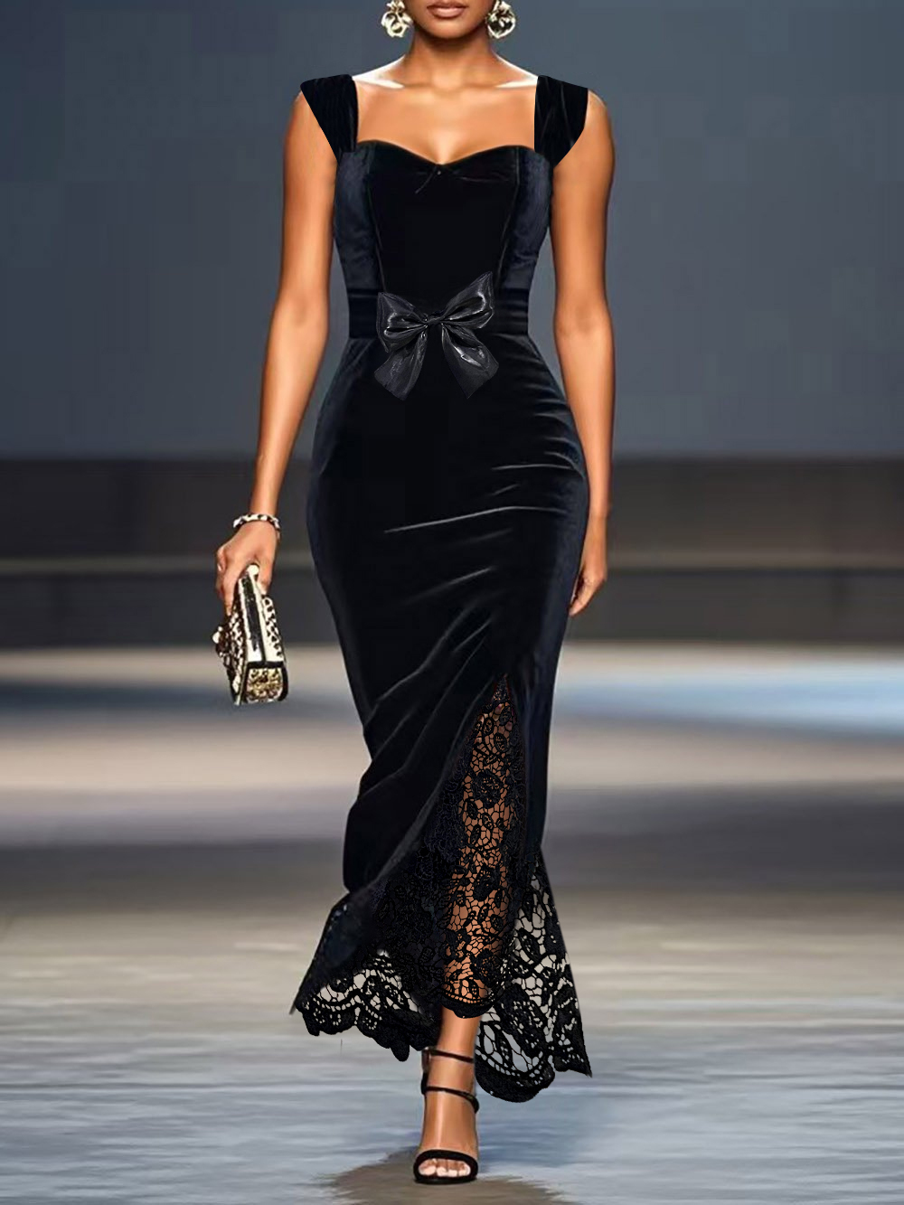 Women's Black Velvet Sweetheart Neck Maxi Dress with Lace Slit and Bow Detail-Aegean-sea