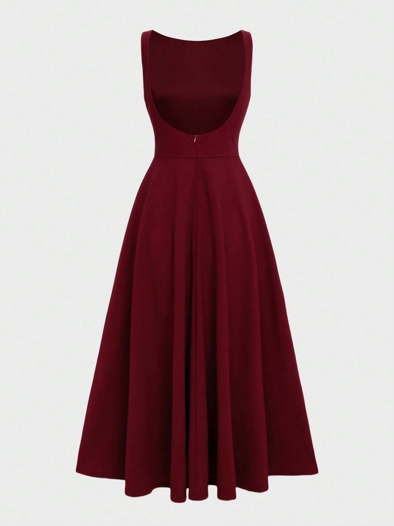 Wine-red boat-collared sleeveless mid-length skirt with flowing waist, a high-end banquet-style dress