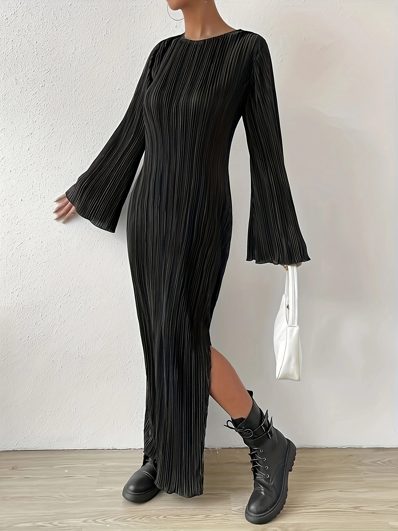 Woman's Long Sleeve Maxi Dress with Bell Sleeves, Vertical Pleats and Side Slit-Aegean-sea