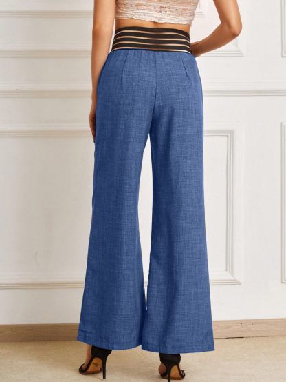 Women's Blue Wide-Leg Pants with Crisscross Waist Detail-Aegean-sea