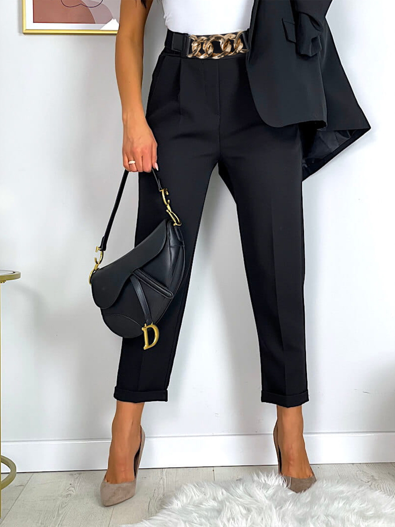 Women's Black High-Waisted Tapered Trousers with Chain Belt-Aegean-sea