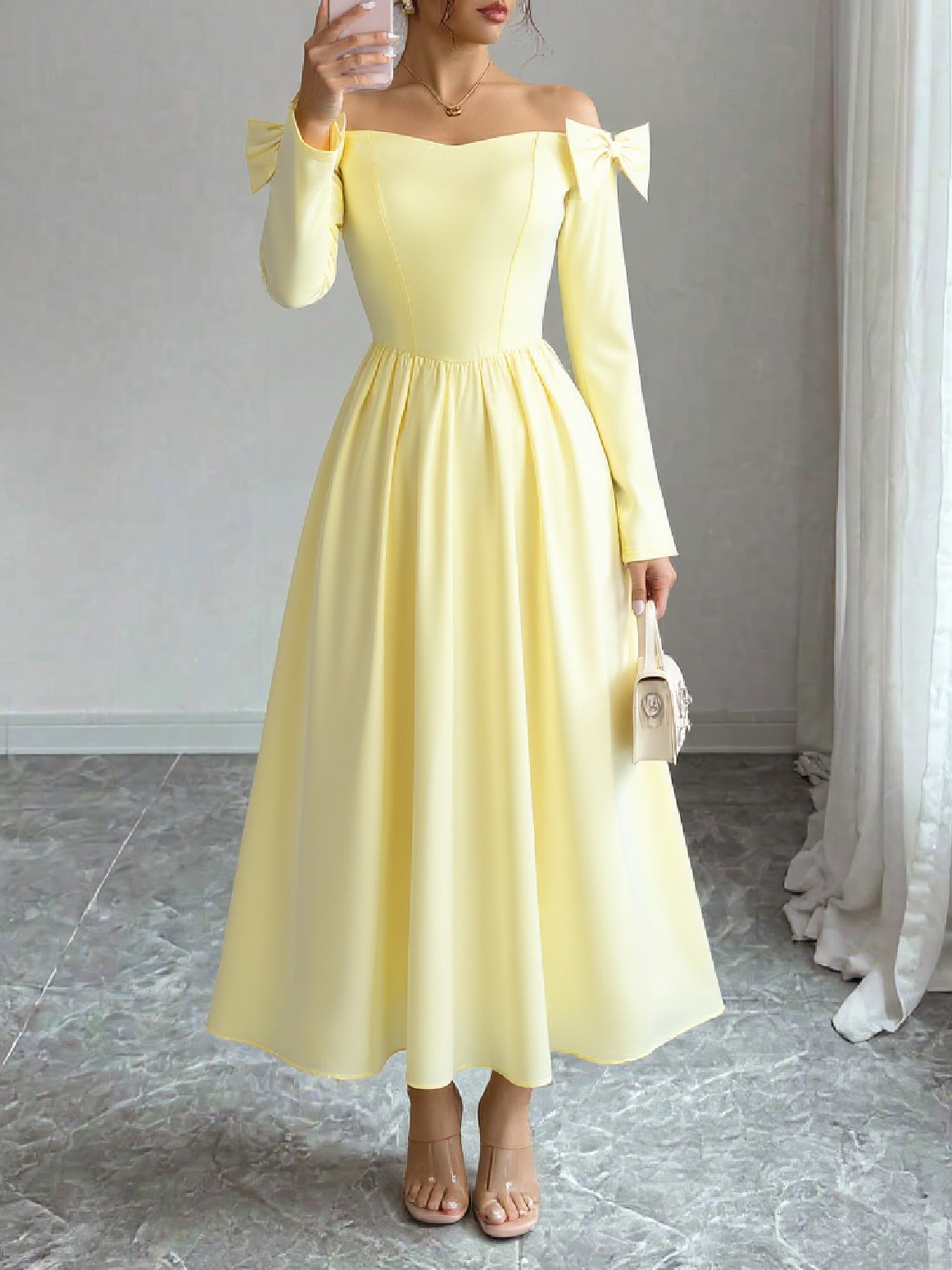 Yellow single-shoulder butterfly-tied dress Long-sleeved, waist-length, wide-waisted dress