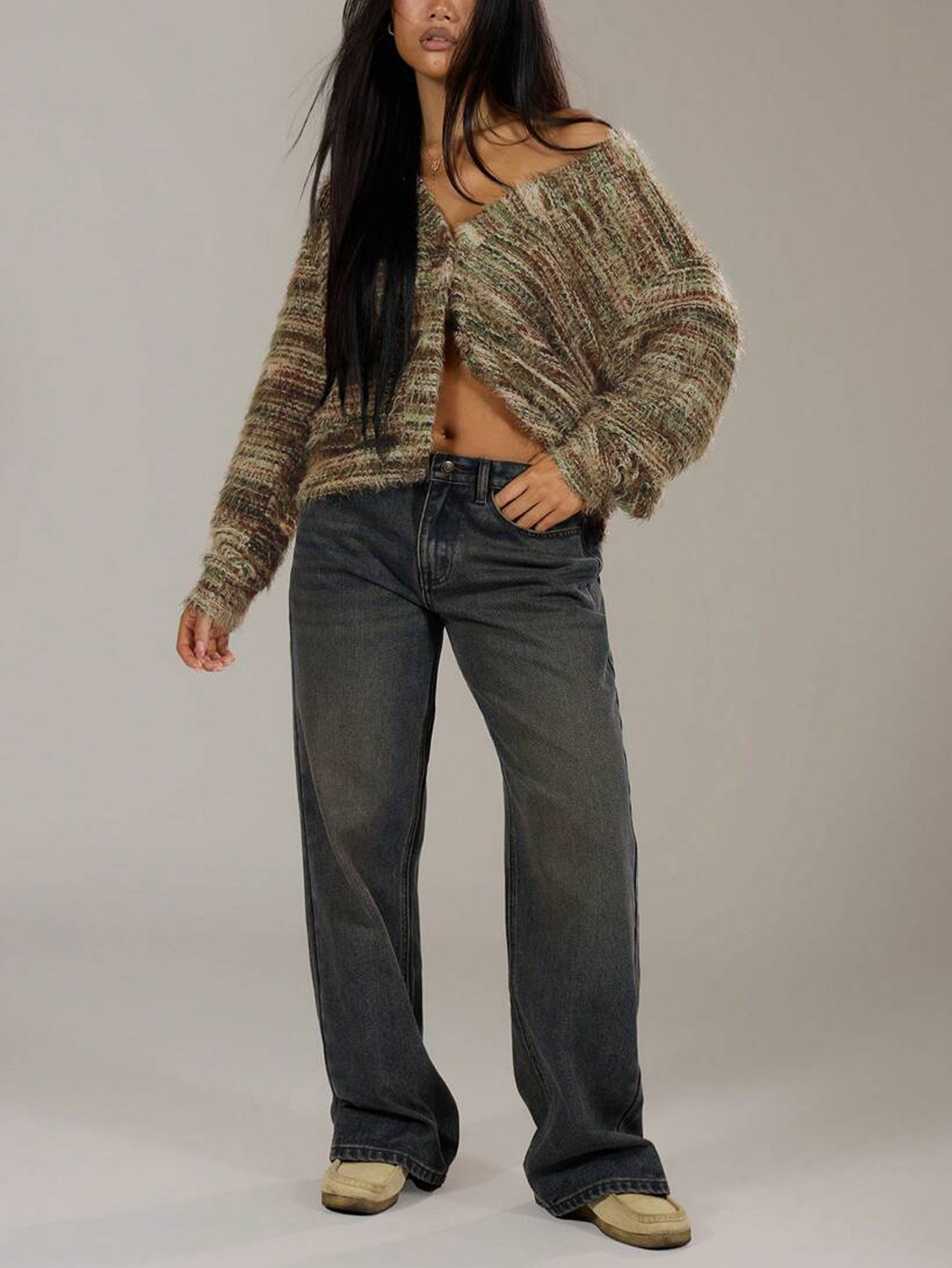 Women's  Retro Lazy Style Mixed Color Fuzzy V-Neck Knit Cardigan : Loose Slimming Elegant Sweater Coat