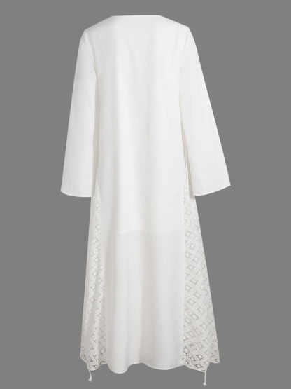 Women's Boho V Neck Long Sleeve Crochet Lace Side Maxi Dress with Tie Back