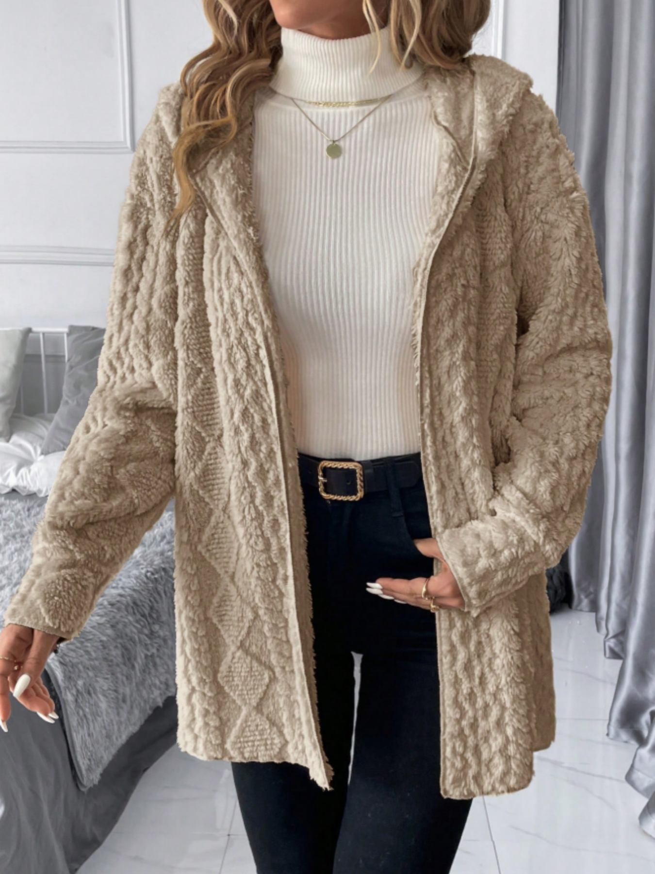 Woman's Soft Lazy Style Khaki Fleece Hooded Coat: Autumn-Winter Warm Mid-Length Textured Zip-Up Coat-Aegean-sea