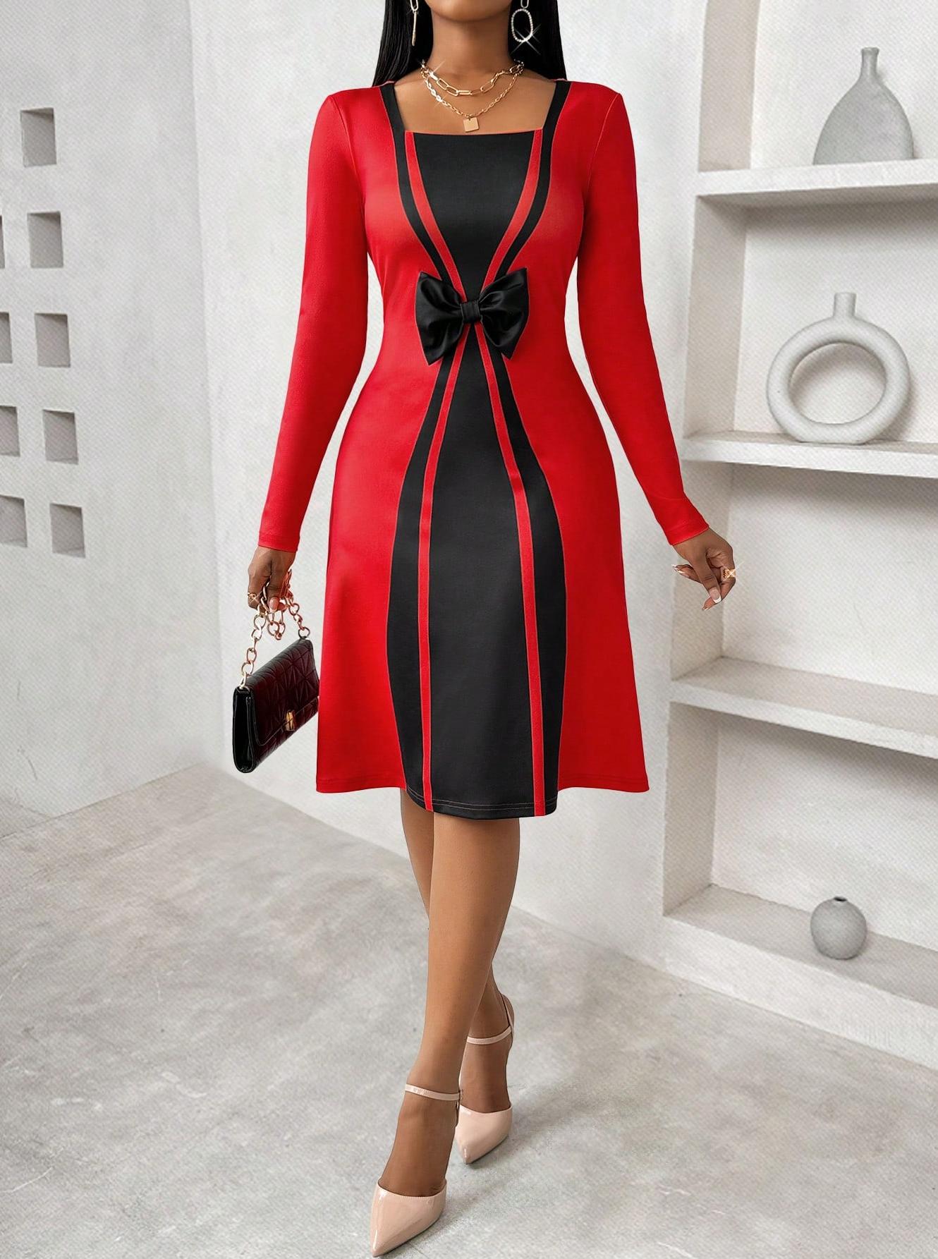 Women's Red and Black Contrast Bow - Front Long Sleeve Dress-Aegean-sea