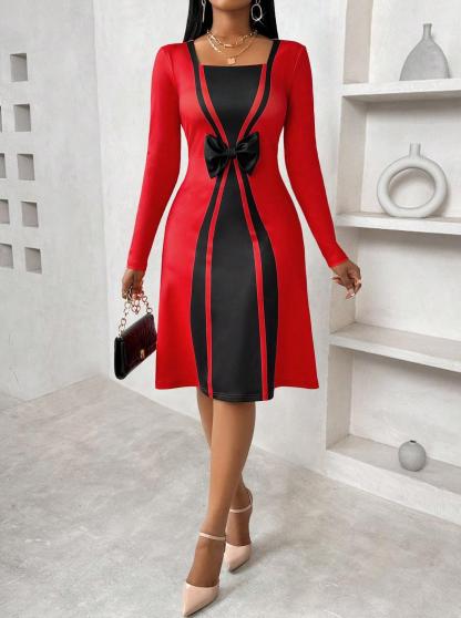 Women's Red and Black Contrast Bow - Front Long Sleeve Dress-Aegean-sea