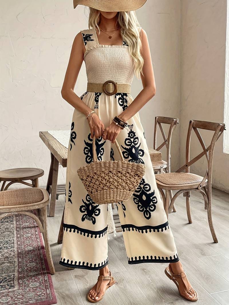 Women's Boho Smocked Wide Leg Jumpsuit - Sleeveless Tribal Print Split Hem Jumpsuit