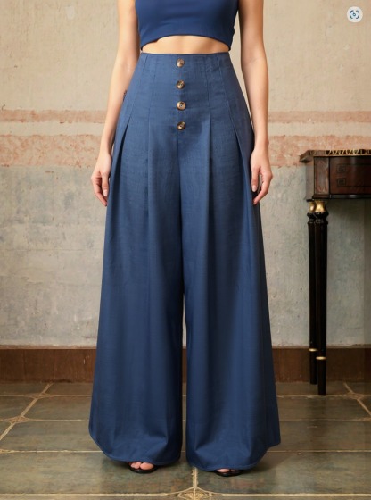 Navy-blue button-up wide-legged pants High-waisted loose-fitting long casual pants