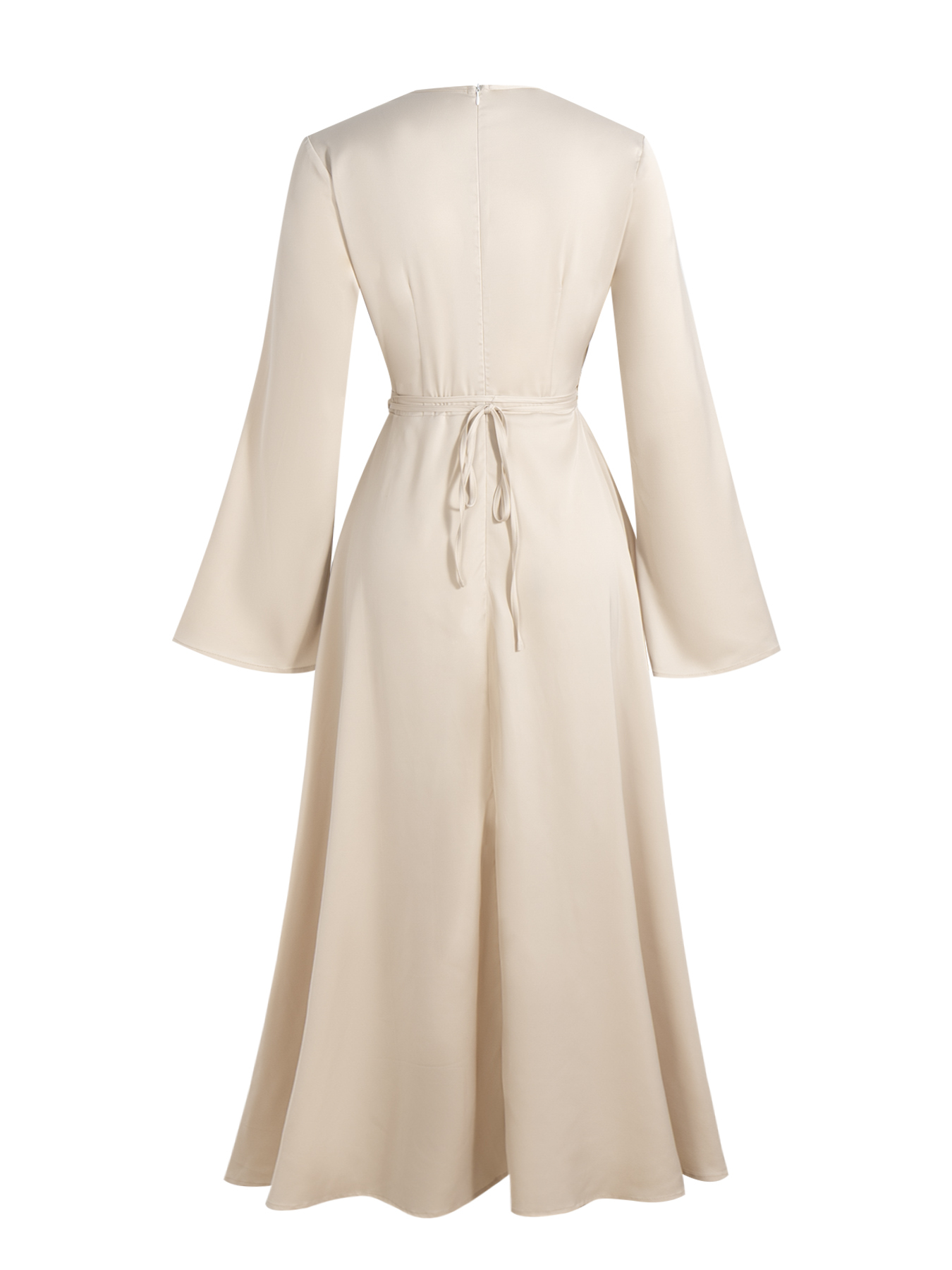 Light Beige Satin Cowl Neck Maxi Dress with Bell Sleeves and Drawstring Waist-Aegean-sea
