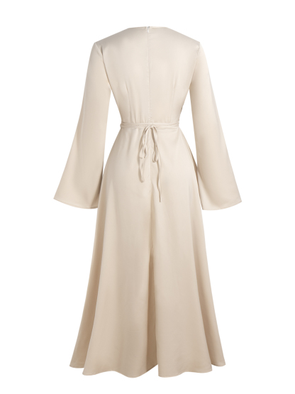 Light Beige Satin Cowl Neck Maxi Dress with Bell Sleeves and Drawstring Waist-Aegean-sea