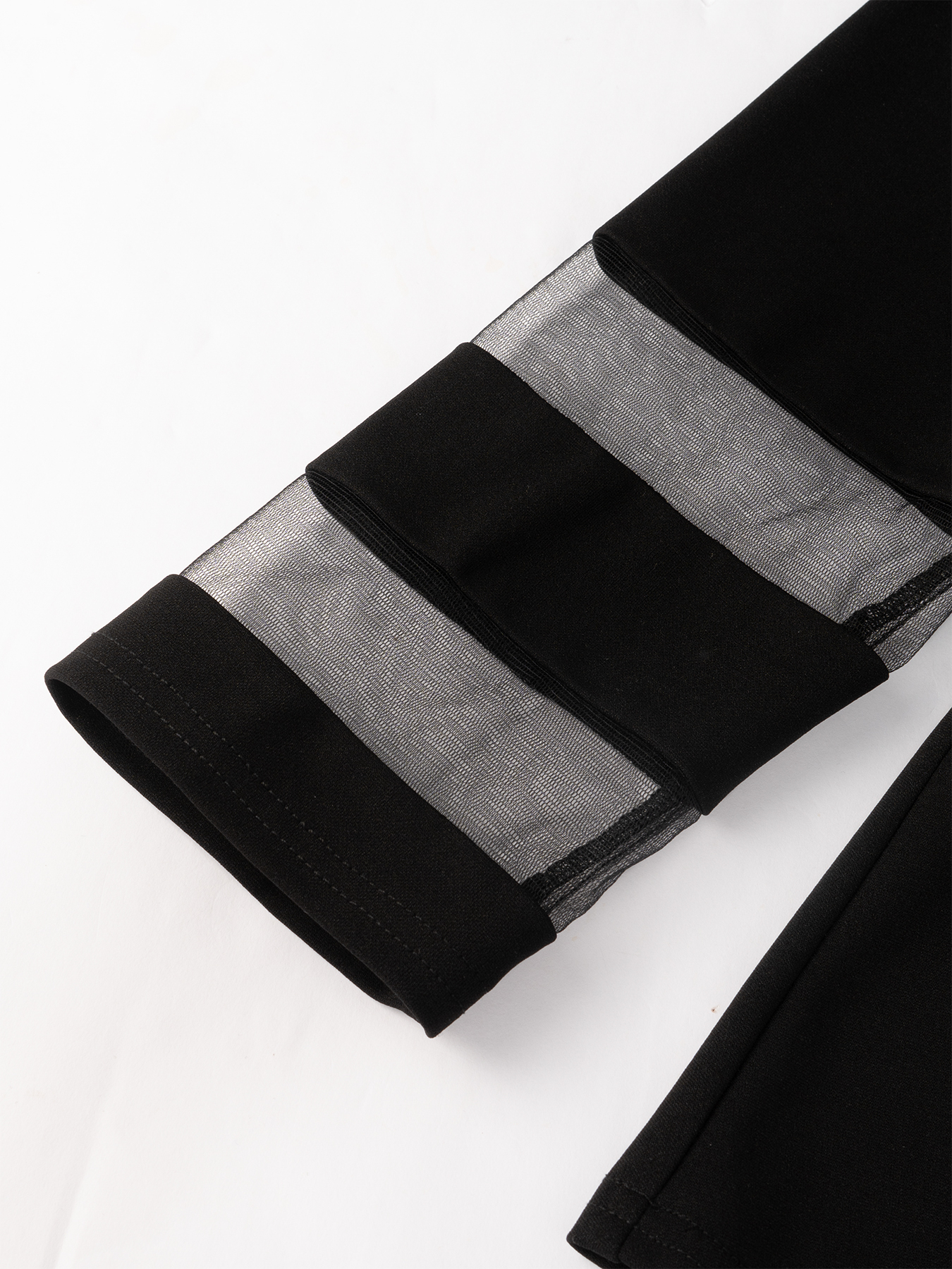 Woman's Black Stand-Collar Waist-Fitted Blazer | Cuff Sheer Mesh Panel Office Suit Jacket-Aegean-sea