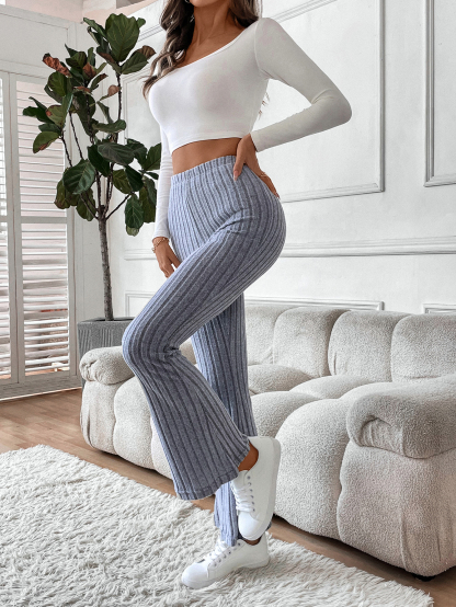 Gray vertical knit bell-bottom pants for women-Aegean-sea