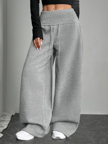 Light gray high waist drawstring broad leg wei pants woman, loose sagging feeling lazy wind pants