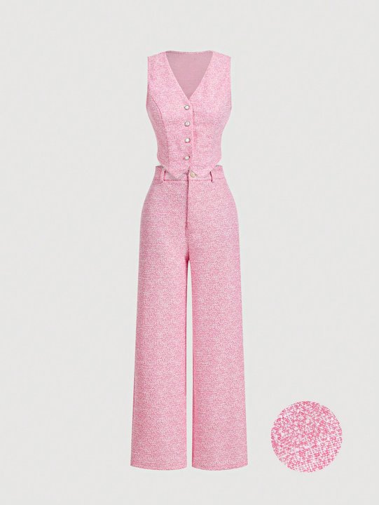 Women's Pink Tweed Button-Front Vest and Wide Leg Pants Set-Aegean-sea