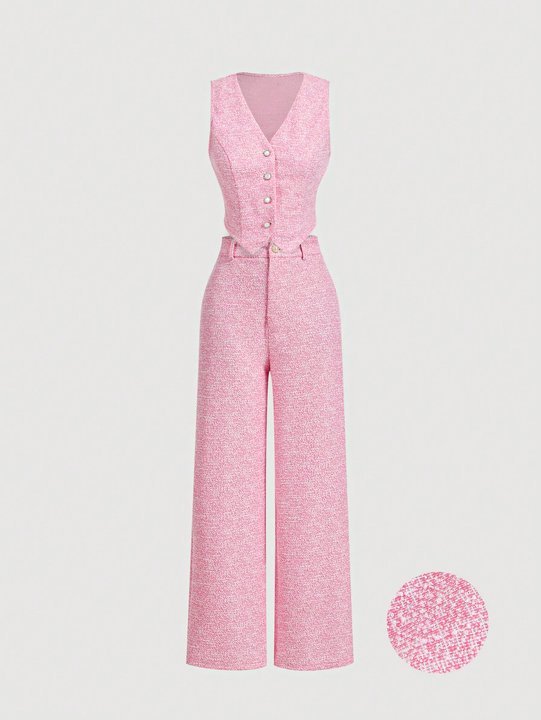 Women's Pink Tweed Button-Front Vest and Wide Leg Pants Set-Aegean-sea