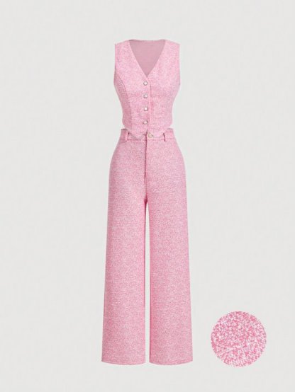 Women's Pink Tweed Button-Front Vest and Wide Leg Pants Set-Aegean-sea