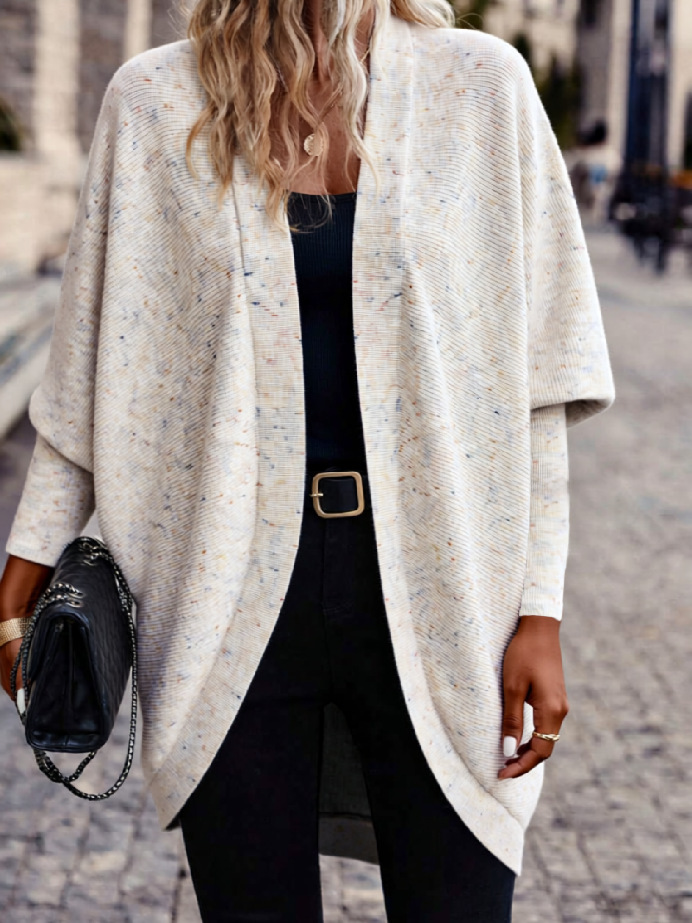 Cárdigan de punto moteado de frente abierta para mujer con mangas batwing-Aegean-sea