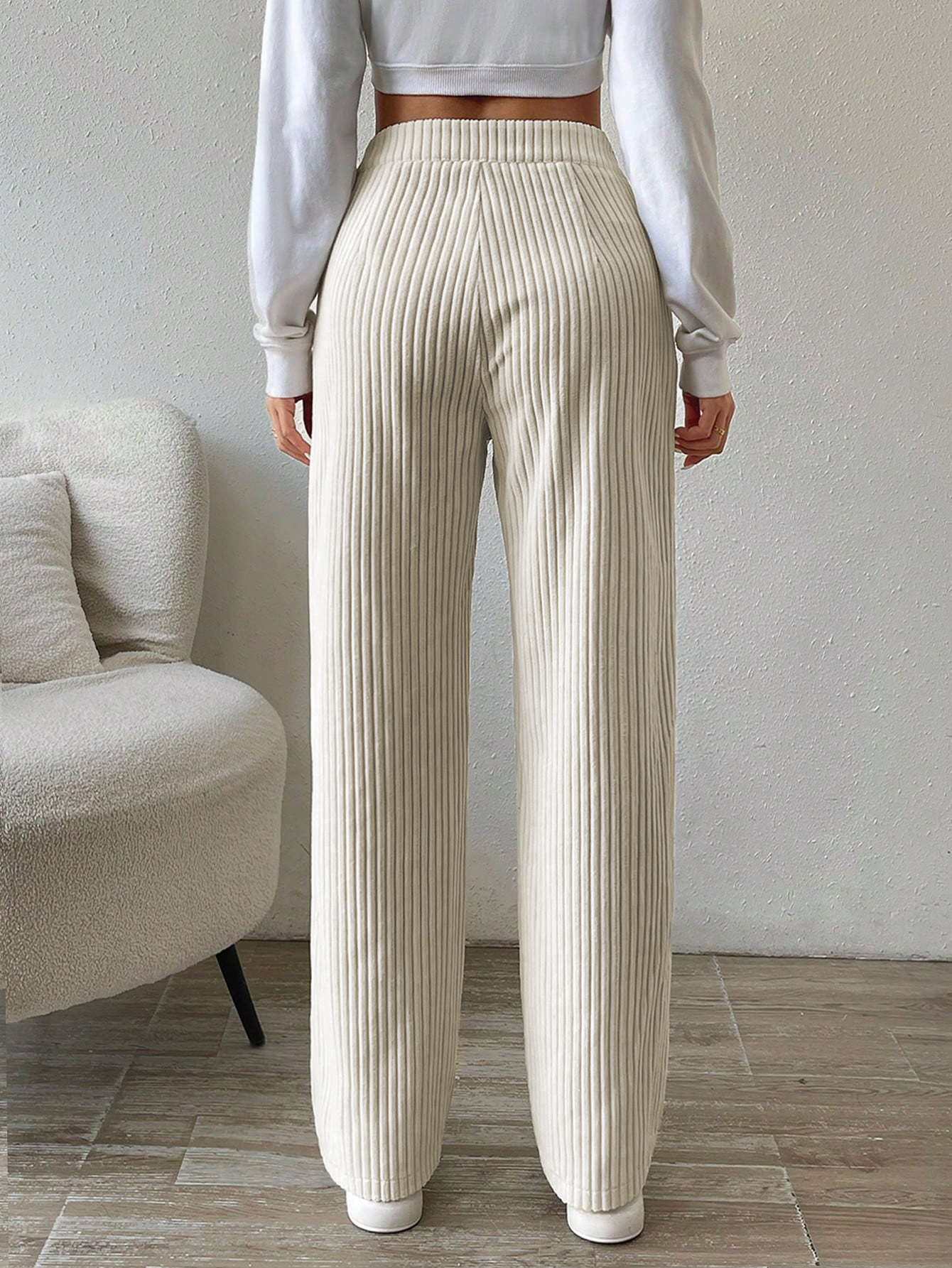 Women's Cream Ribbed Wide Leg Pants-Aegean-sea