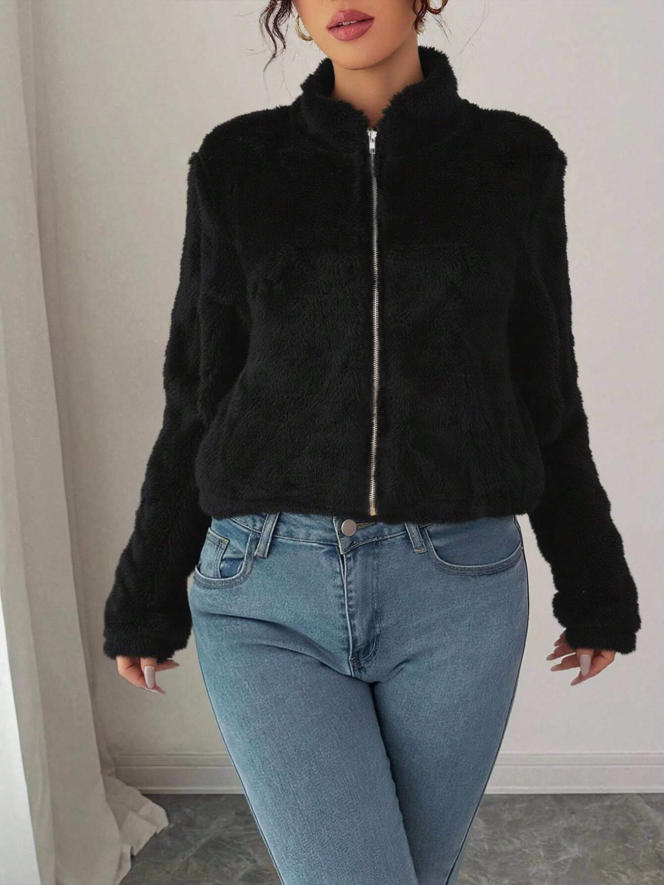 Chaqueta Fuzzy negra de cuello alto con cremallera para mujer-Aegean-sea