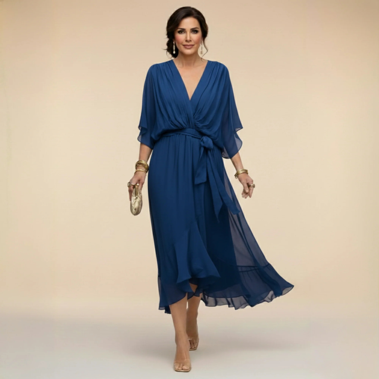 Women's Elegant V Neck Batwing Sleeve Tie Waist Ruffle Hem Sheer Chiffon Formal Midi Dress