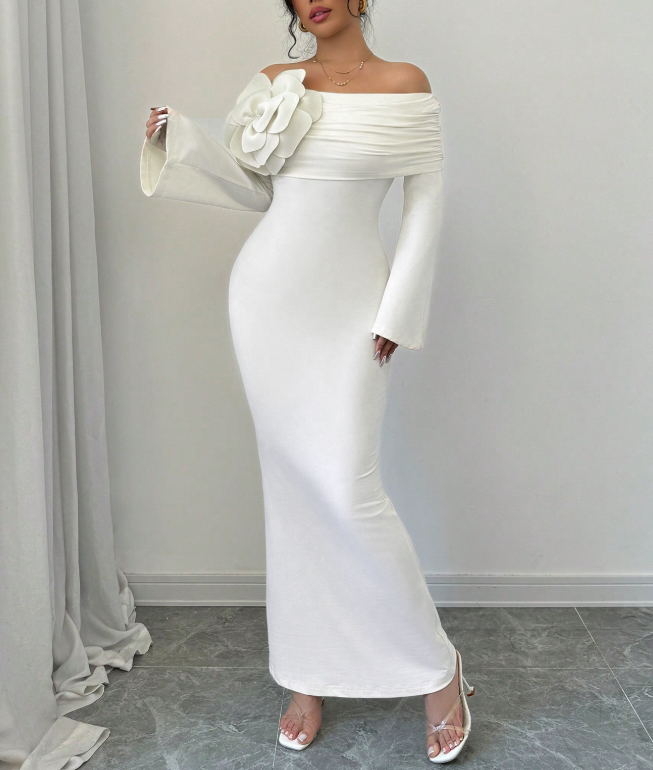 Women's White Off-The-Shoulder Long Sleeve Maxi Dress with Floral Applique-Aegean-sea