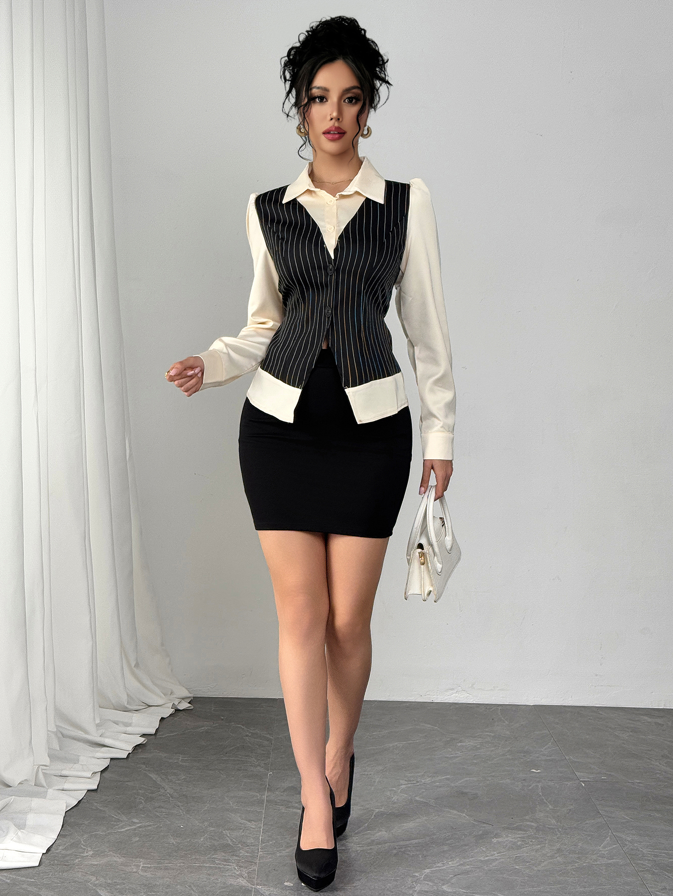 Woman's Black Pinstripe Vest & Cream Shirt Two-in-One Top