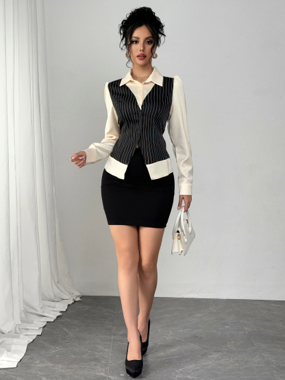 Woman's Black Pinstripe Vest & Cream Shirt Two-in-One Top