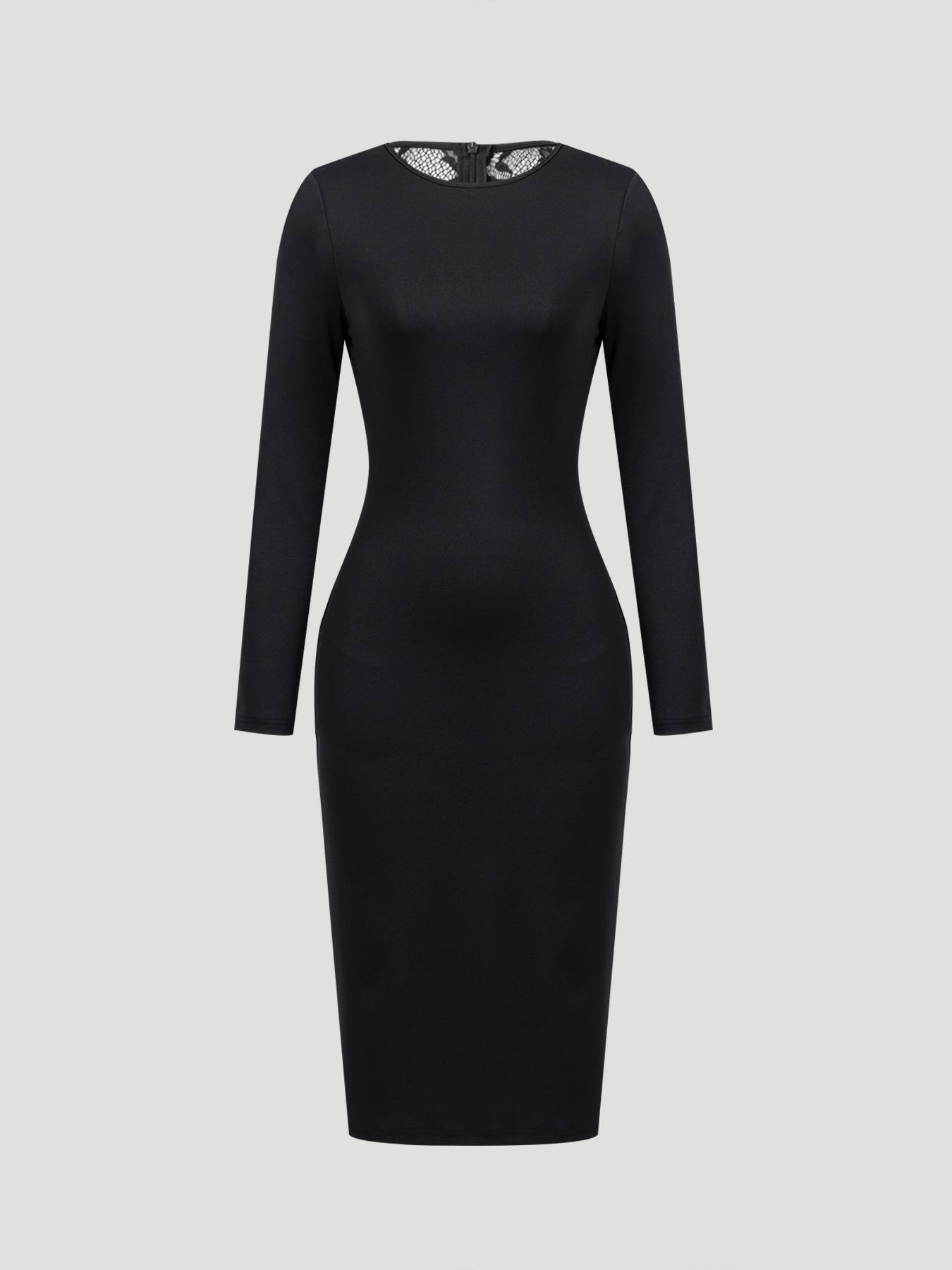 Black lace back-baring, long-sleeved, hip-to-hip dress, workplace party-style body-fitting mid-length skirt