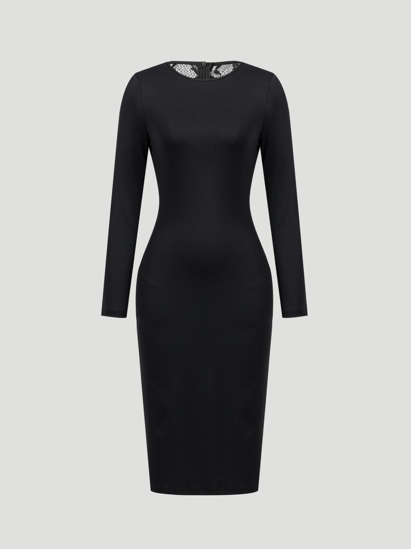 Black lace back-baring, long-sleeved, hip-to-hip dress, workplace party-style body-fitting mid-length skirt