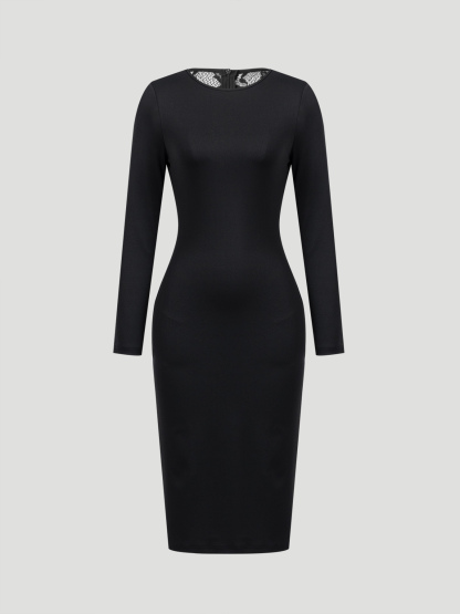 Black lace back-baring, long-sleeved, hip-to-hip dress, workplace party-style body-fitting mid-length skirt