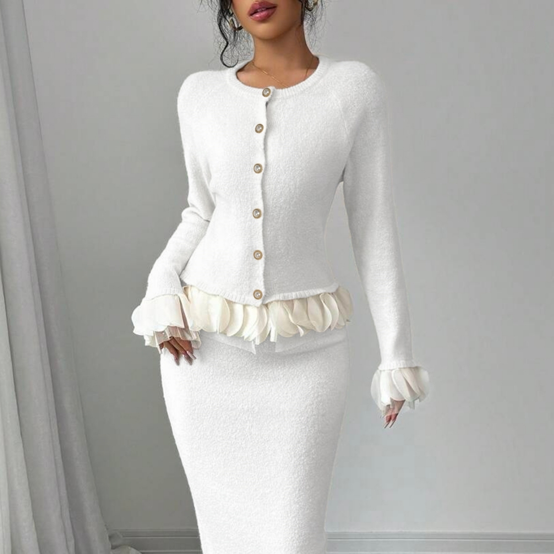 Female Elegance Fashion Feather Design Single-Colored Knit Cardigan-Aegean-sea