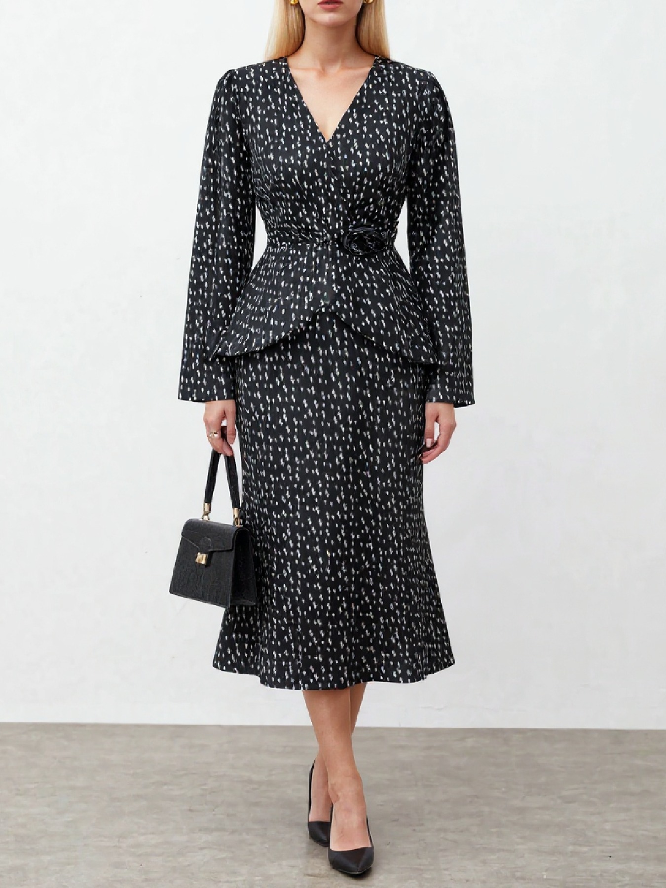 Women's Elegant V Neck Long Sleeve Peplum Top and Mermaid Midi Skirt 2 Piece Outfit with Belt